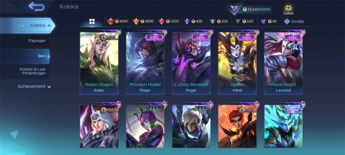 Akun mobile legend tahun 2020 skin banyak