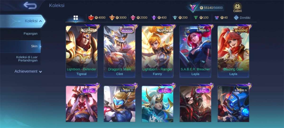 Akun mobile legend tahun 2020 skin banyak