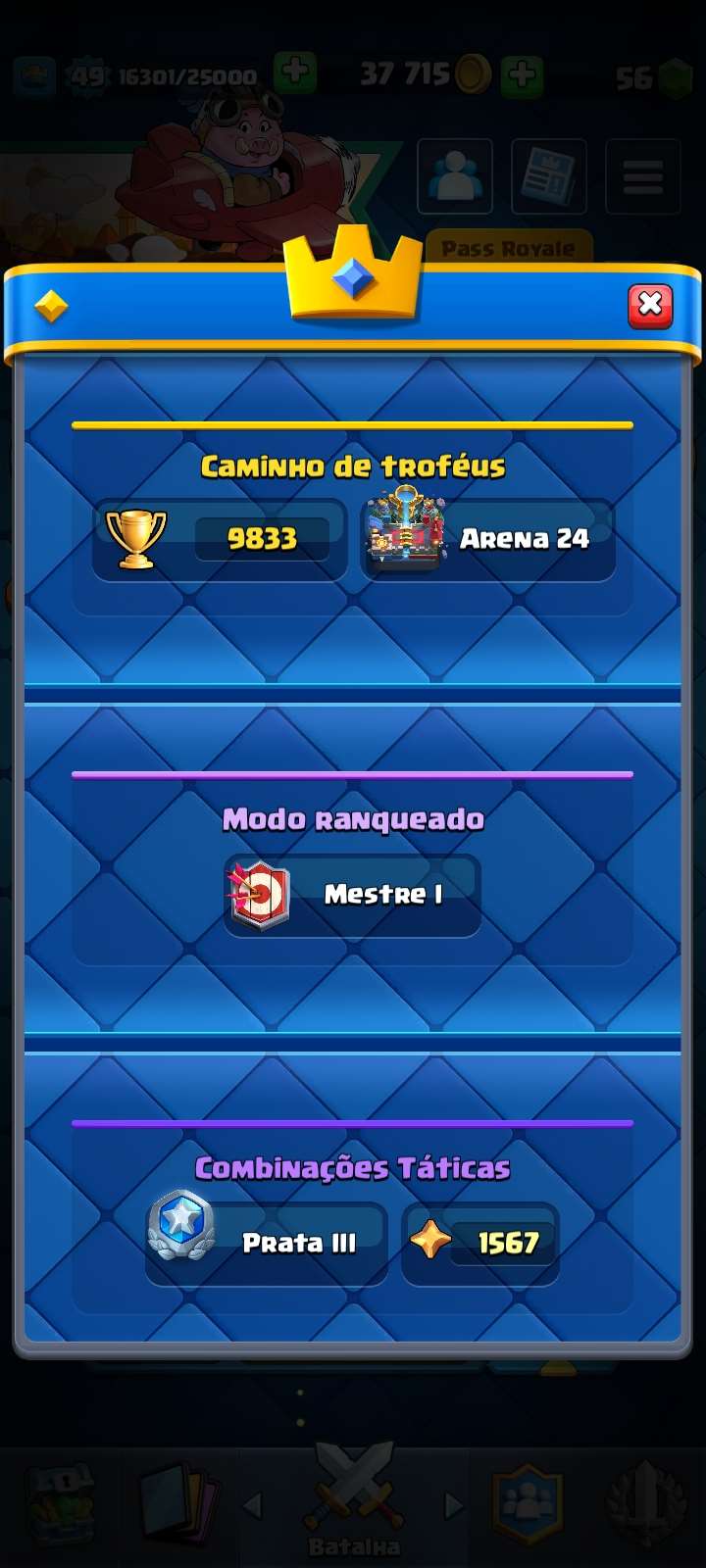 Conta clash royale nível 51. Torre nível 15