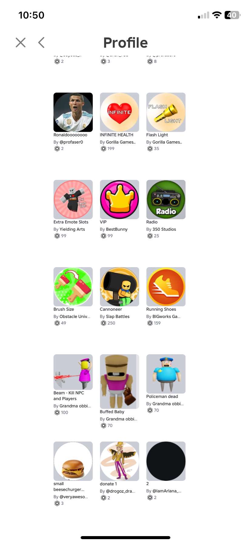 Roblox account with various gamepasses