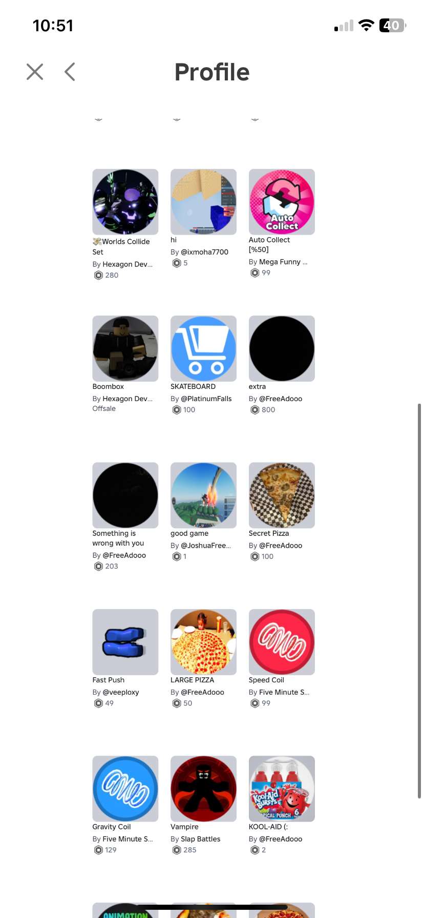 Roblox account with various gamepasses