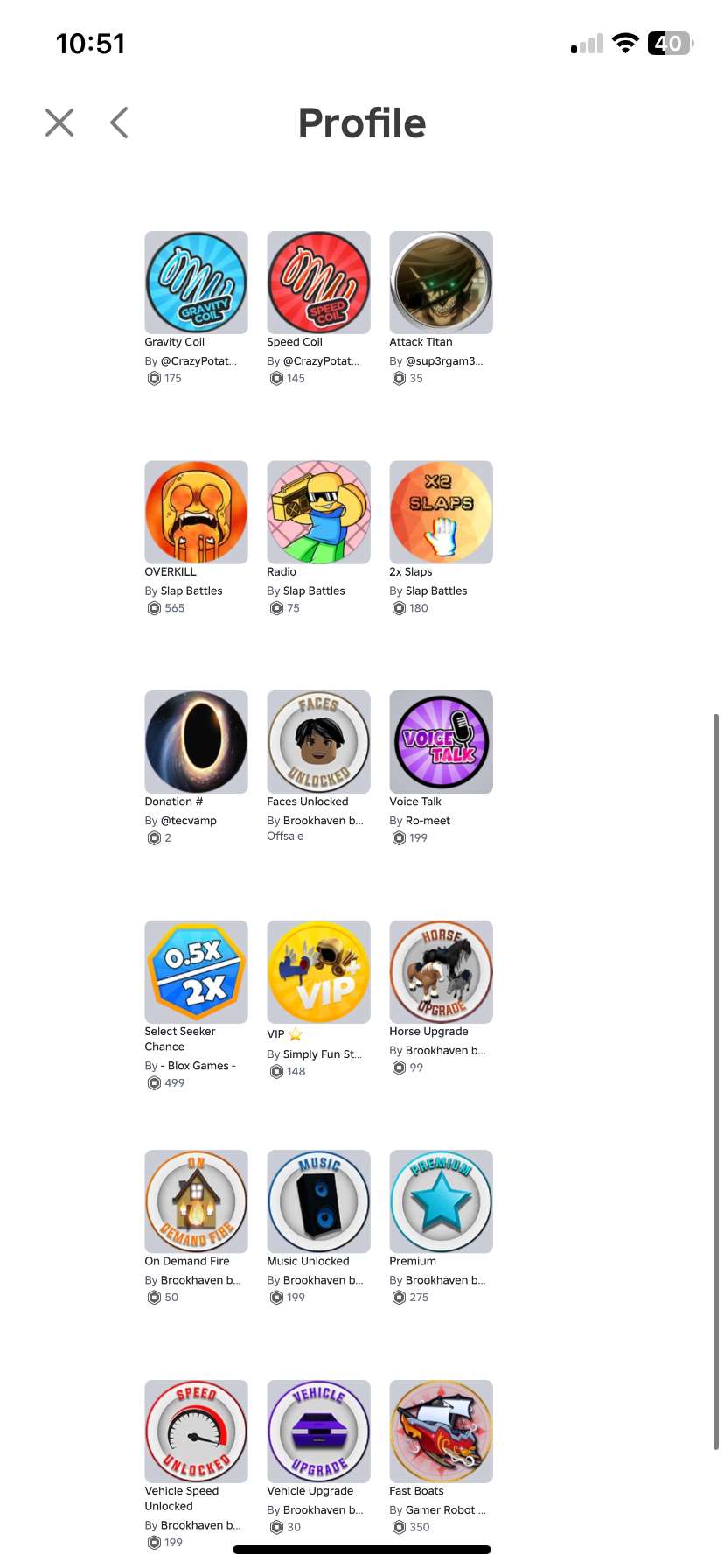 Roblox account with various gamepasses